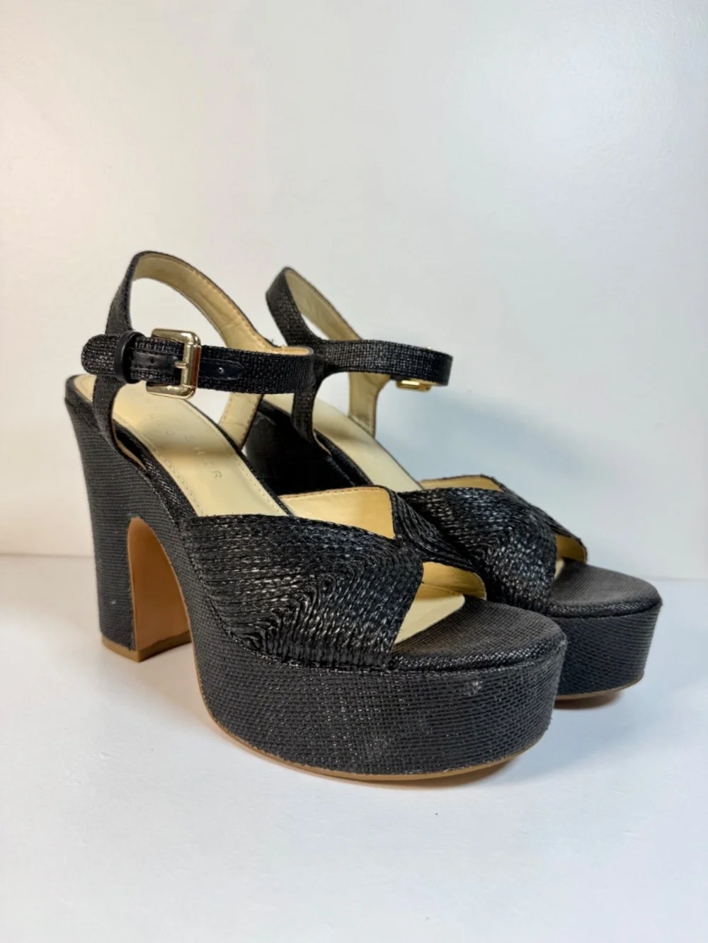 Marc Fisher LTD Black Raffia Platform Sandals | Woven Chunky Block Heel | Size 7
